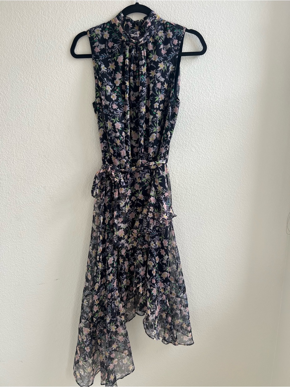 CeCe Black Floral Asymmetrical Tie-Waist Midi Dress